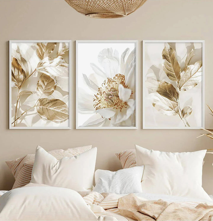 Moderne Witte & Gouden Bloemrijke Wandkunst Fijne Kunst Canvas Prints Foto's Voor Woonkamer Eetkamer Slaapkamer Kunst Decor (Set van 3 Stukken)