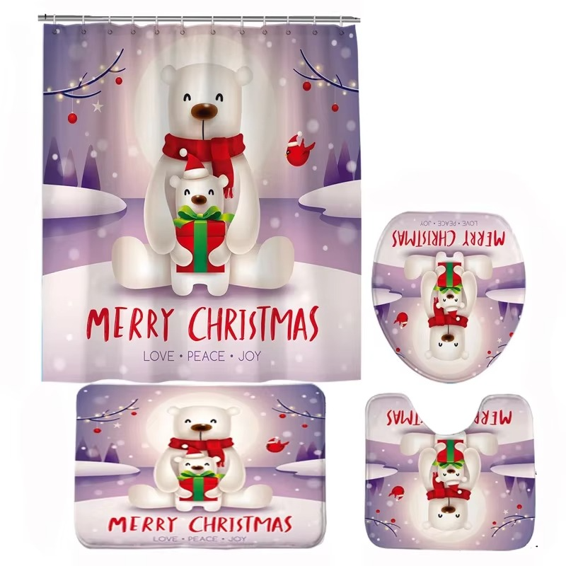 Arosta | Kerst Badkamer Set met Douchegordijn, Antislip Badmat, Toiletdeksel Cover en Tapijt – Kerstman, Beer en Sneeuwpop Winter Ontwerp