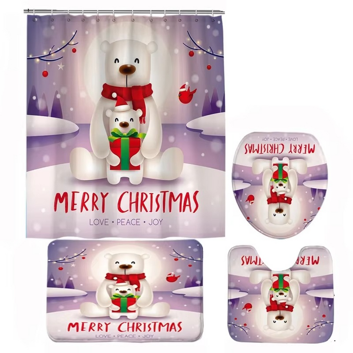 Arosta | Kerst Badkamer Set met Douchegordijn, Antislip Badmat, Toiletdeksel Cover en Tapijt – Kerstman, Beer en Sneeuwpop Winter Ontwerp