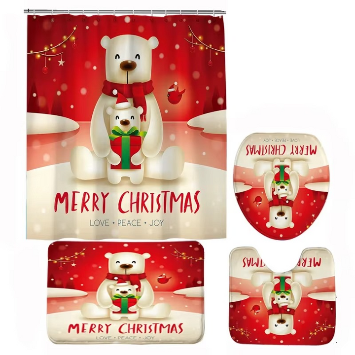 Arosta | Kerst Badkamer Set met Douchegordijn, Antislip Badmat, Toiletdeksel Cover en Tapijt – Kerstman, Beer en Sneeuwpop Winter Ontwerp