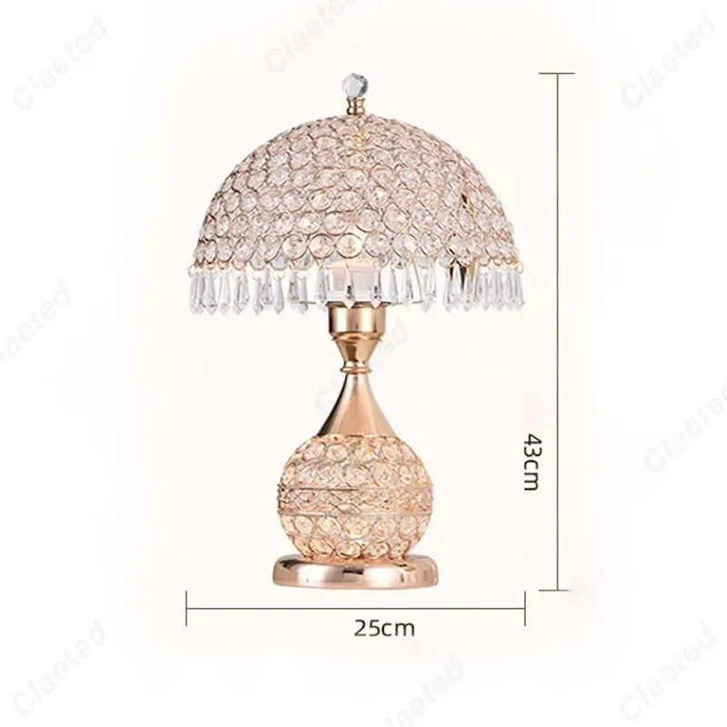 Luxe Europese stijl LED tafellamp met stoffen lampenkap & kristallen basis – Warm romantisch slaapkamer nachttafellampje