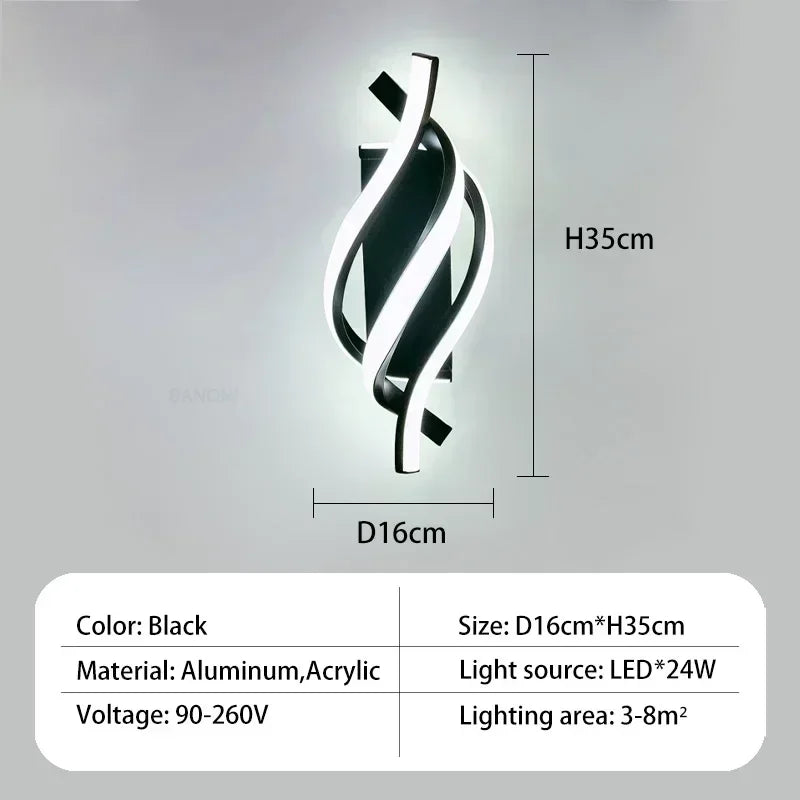 Moderne LED Wandlamp - Gebogen Spiraal Ontwerp, Omhoog & Omlaag Wandschakelaar voor Woonkamer, Slaapkamer, Keuken en Badkamer, Zwart, Goud & Wit