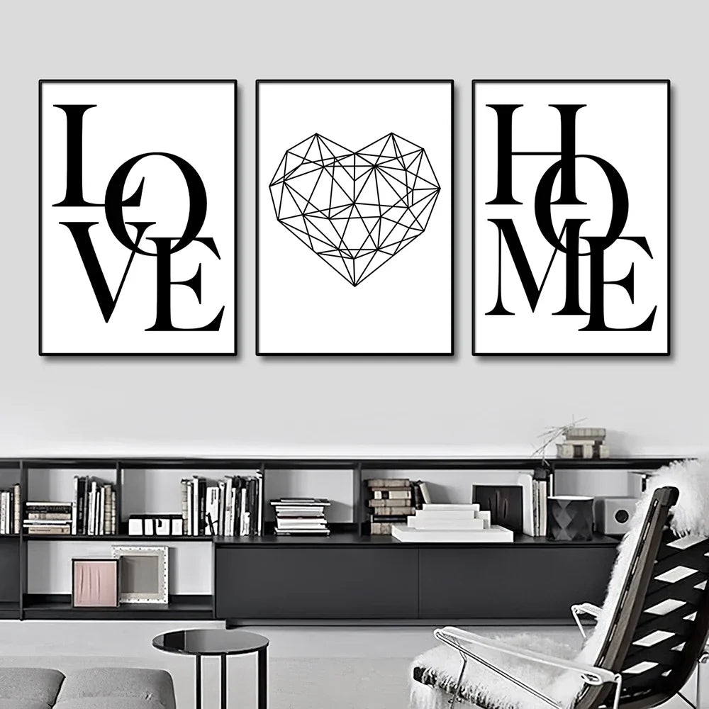 Set van 3 Geometrische Liefde Thuis Hart Wandkunst Fijne Kunst Canvasprints Zwart Wit Minimalistische Posters Afbeeldingen Voor Woonkamer Slaapkamer Kunst Decor