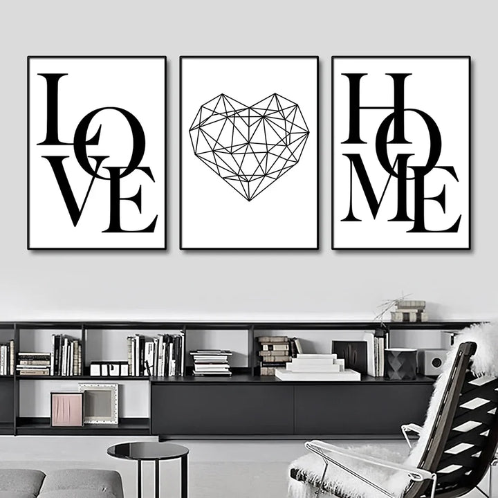 Set van 3 Geometrische Liefde Thuis Hart Wandkunst Fijne Kunst Canvasprints Zwart Wit Minimalistische Posters Afbeeldingen Voor Woonkamer Slaapkamer Kunst Decor
