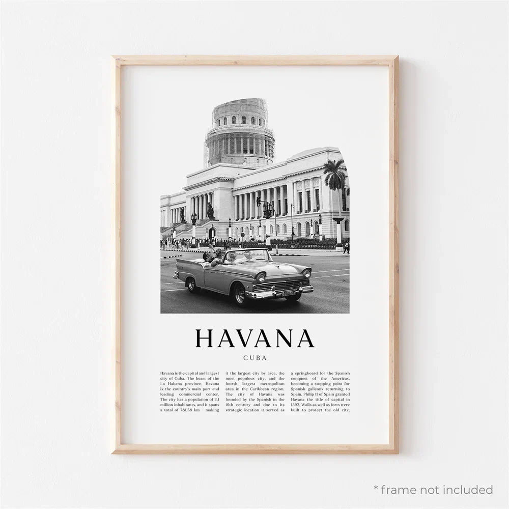 Cuba Havanna Zwart & Wit Reiseposter Wandkunst Fine Art Canvasprints afbeeldingen voor woonkamer eetkamer