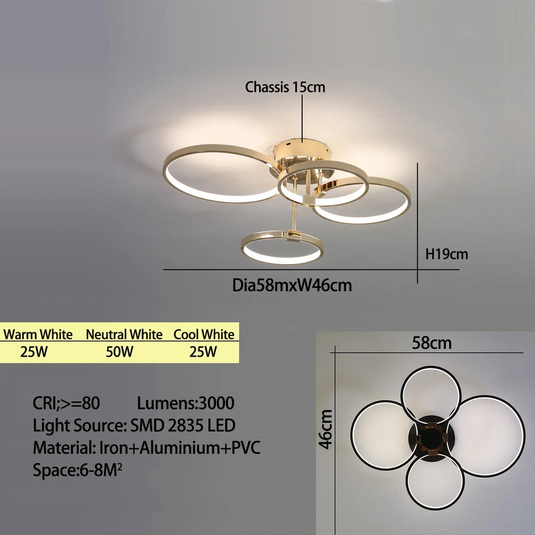 Moderne dimbare LED-Plafondlamp – 4/6 Ring Chandelier met afstandsbediening, instelbare kleurtemperatuur voor woonkamer, slaapkamer en eetkamer