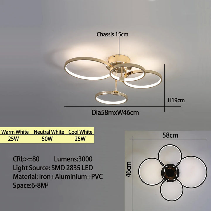 Moderne dimbare LED-Plafondlamp – 4/6 Ring Chandelier met afstandsbediening, instelbare kleurtemperatuur voor woonkamer, slaapkamer en eetkamer