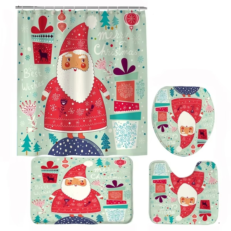 Arosta | Kerst Badkamer Set met Douchegordijn, Antislip Badmat, Toiletdeksel Cover en Tapijt – Kerstman, Beer en Sneeuwpop Winter Ontwerp