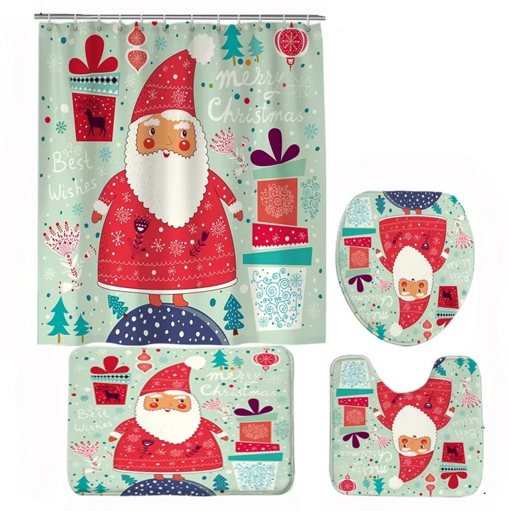 Arosta | Kerst Badkamer Set met Douchegordijn, Antislip Badmat, Toiletdeksel Cover en Tapijt – Kerstman, Beer en Sneeuwpop Winter Ontwerp