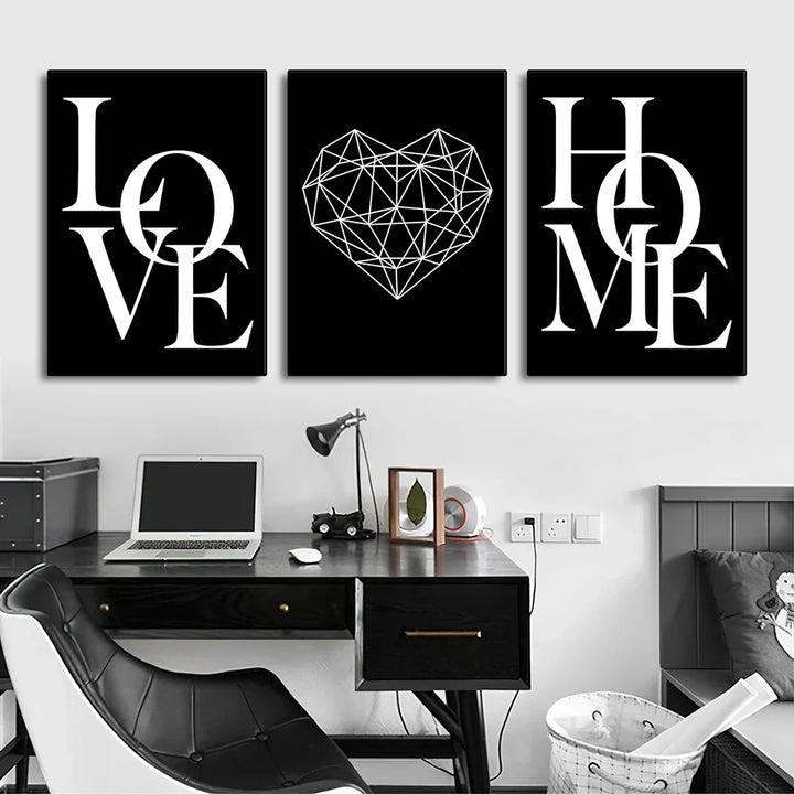 Set van 3 Geometrische Liefde Thuis Hart Wandkunst Fijne Kunst Canvasprints Zwart Wit Minimalistische Posters Afbeeldingen Voor Woonkamer Slaapkamer Kunst Decor