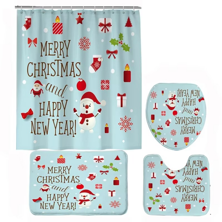 Arosta | Kerst Badkamer Set met Douchegordijn, Antislip Badmat, Toiletdeksel Cover en Tapijt – Kerstman, Beer en Sneeuwpop Winter Ontwerp