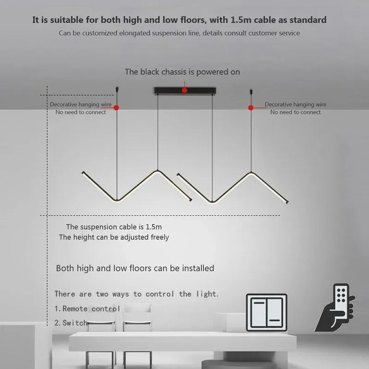 Moderne LED-Pendelleuchte – Nordische Gouden Kroonluchter voor Keuken, Eetkamer en Restaurant, Z-Vorm Design met Afstandsbediening