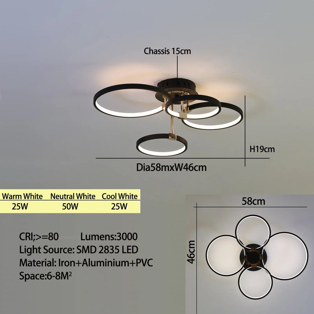 Moderne dimbare LED-Plafondlamp – 4/6 Ring Chandelier met afstandsbediening, instelbare kleurtemperatuur voor woonkamer, slaapkamer en eetkamer
