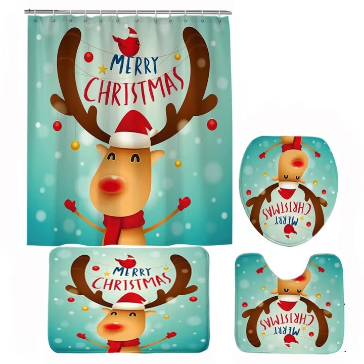 Arosta | Kerst Badkamer Set met Douchegordijn, Antislip Badmat, Toiletdeksel Cover en Tapijt – Kerstman, Beer en Sneeuwpop Winter Ontwerp