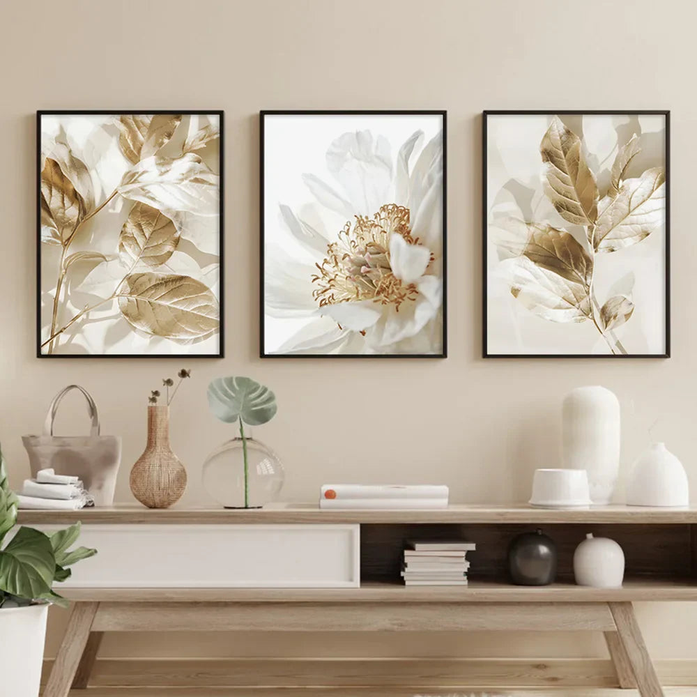 Moderne Witte & Gouden Bloemrijke Wandkunst Fijne Kunst Canvas Prints Foto's Voor Woonkamer Eetkamer Slaapkamer Kunst Decor (Set van 3 Stukken)