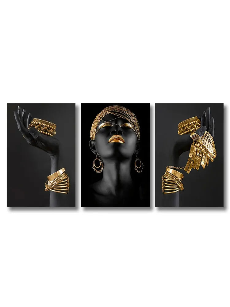 Set van 3 Stukken Zwart Gouden Vrouwenportret Muurkunst Fijne Kunst Canvasprints Beelden Voor Luxe Woonkamer Eetkamer Thuis Kantoor Decor