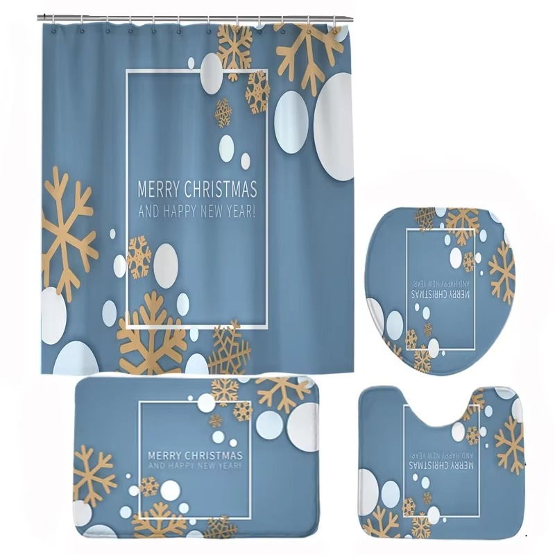 Arosta | Kerst Badkamer Set met Douchegordijn, Antislip Badmat, Toiletdeksel Cover en Tapijt – Kerstman, Beer en Sneeuwpop Winter Ontwerp