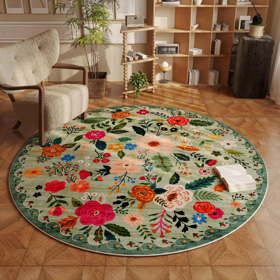 Arosta | Beige Ronde Bloem Rug met Wasbare Antislip Achterkant, Kleurvast voor Woonkamer