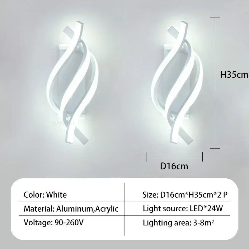 Moderne LED Wandlamp - Gebogen Spiraal Ontwerp, Omhoog & Omlaag Wandschakelaar voor Woonkamer, Slaapkamer, Keuken en Badkamer, Zwart, Goud & Wit