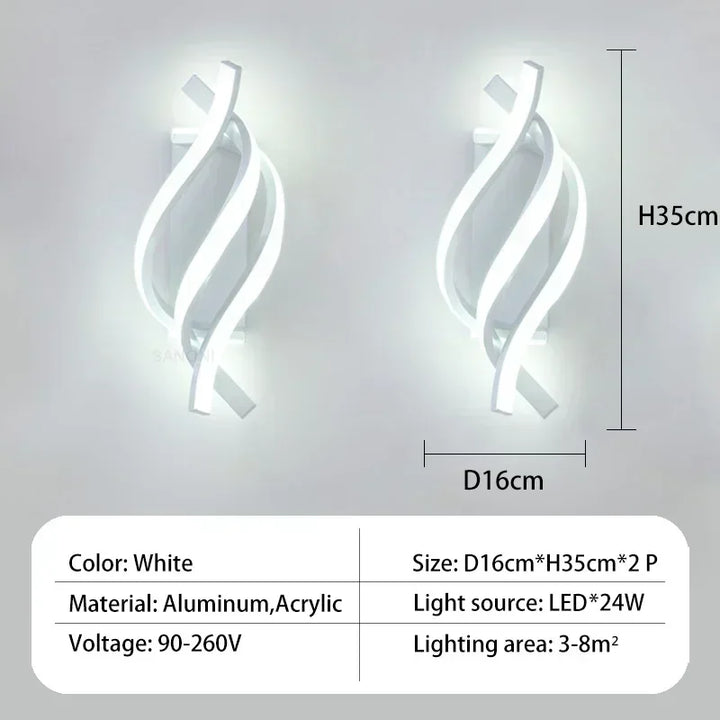 Moderne LED Wandlamp - Gebogen Spiraal Ontwerp, Omhoog & Omlaag Wandschakelaar voor Woonkamer, Slaapkamer, Keuken en Badkamer, Zwart, Goud & Wit