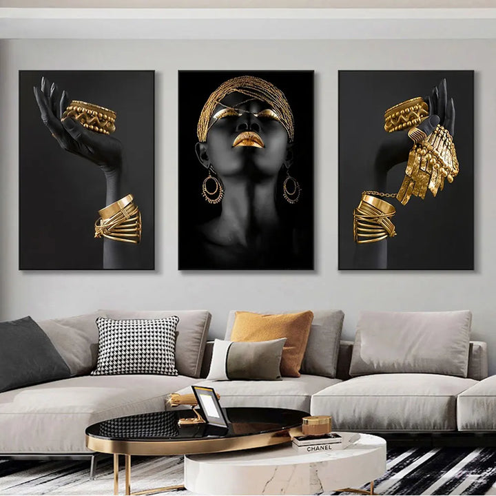Set van 3 Stukken Zwart Gouden Vrouwenportret Muurkunst Fijne Kunst Canvasprints Beelden Voor Luxe Woonkamer Eetkamer Thuis Kantoor Decor