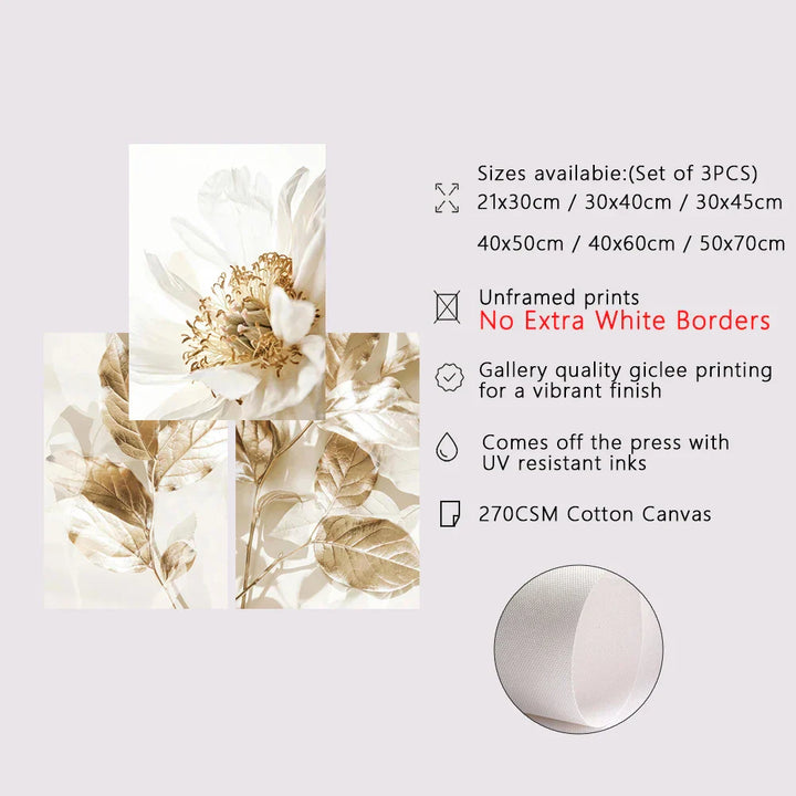 Moderne Witte & Gouden Bloemrijke Wandkunst Fijne Kunst Canvas Prints Foto's Voor Woonkamer Eetkamer Slaapkamer Kunst Decor (Set van 3 Stukken)