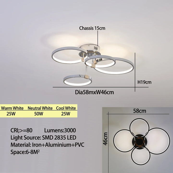 Moderne dimbare LED-Plafondlamp – 4/6 Ring Chandelier met afstandsbediening, instelbare kleurtemperatuur voor woonkamer, slaapkamer en eetkamer