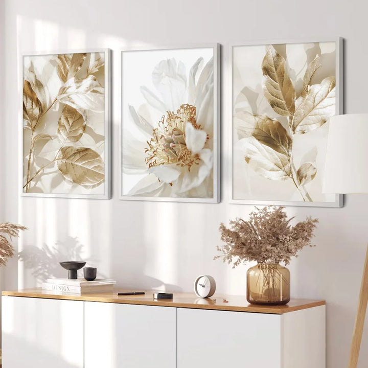 Moderne Witte & Gouden Bloemrijke Wandkunst Fijne Kunst Canvas Prints Foto's Voor Woonkamer Eetkamer Slaapkamer Kunst Decor (Set van 3 Stukken)