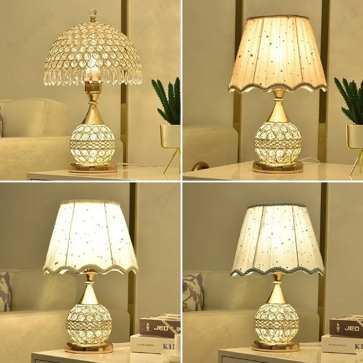 Luxe Europese stijl LED tafellamp met stoffen lampenkap & kristallen basis – Warm romantisch slaapkamer nachttafellampje