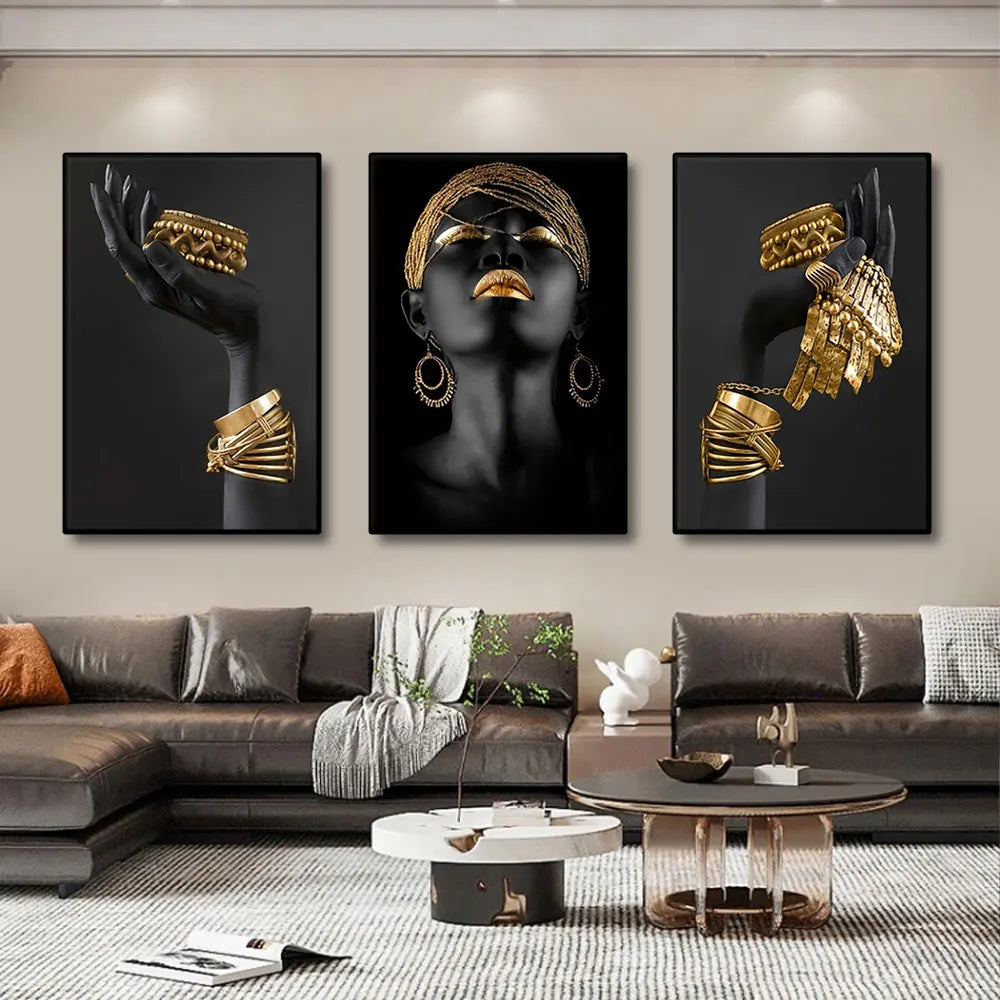 Set van 3 Stukken Zwart Gouden Vrouwenportret Muurkunst Fijne Kunst Canvasprints Beelden Voor Luxe Woonkamer Eetkamer Thuis Kantoor Decor