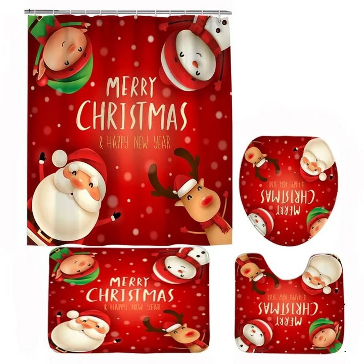 Arosta | Kerst Badkamer Set met Douchegordijn, Antislip Badmat, Toiletdeksel Cover en Tapijt – Kerstman, Beer en Sneeuwpop Winter Ontwerp