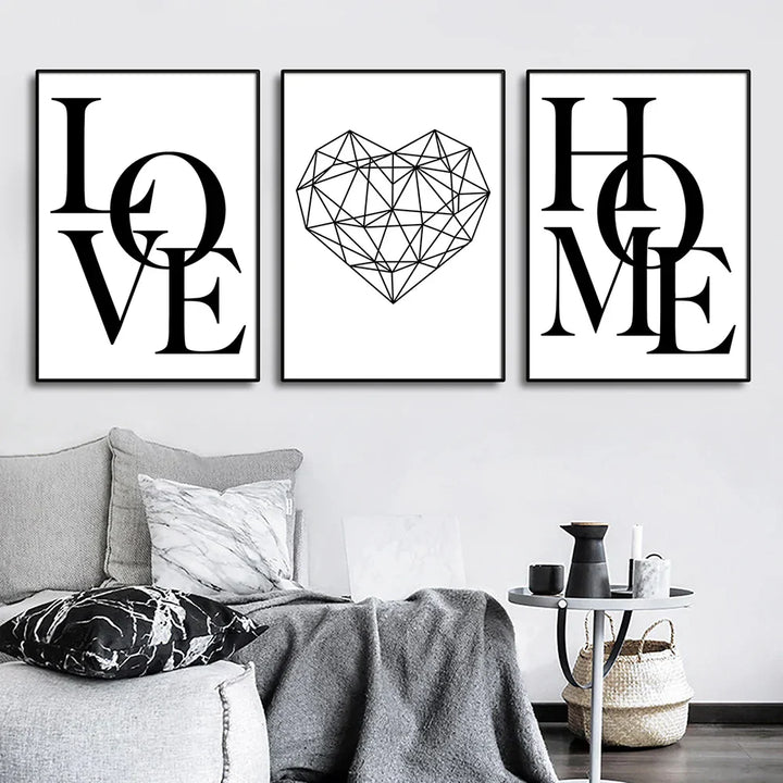 Set van 3 Geometrische Liefde Thuis Hart Wandkunst Fijne Kunst Canvasprints Zwart Wit Minimalistische Posters Afbeeldingen Voor Woonkamer Slaapkamer Kunst Decor