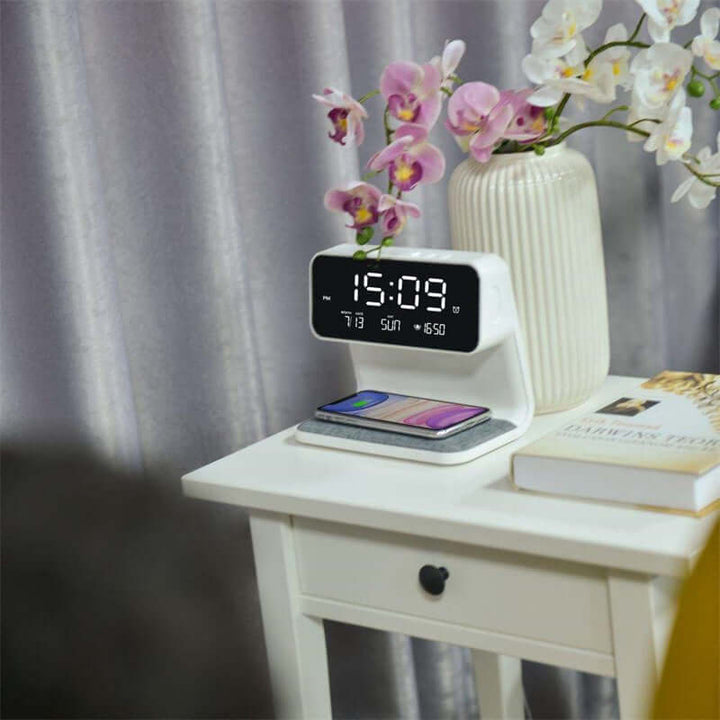 Kreative 3 In 1 Nachttafellamp Draadloos Opladen LCD-Scherm Wecker Draadloos Telefoonladestation
