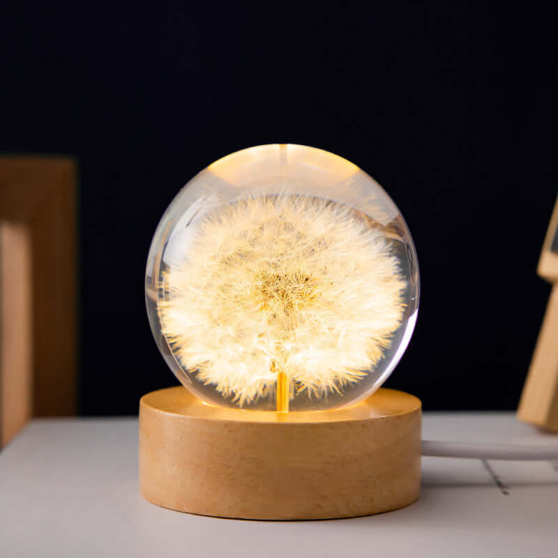 LED Nachtlamp Flower Crystal Ball Kinder Nachtkast Lamp met Houten Basis Slaapkamer Sfeerverlichting Creatief Cadeau Nachtlamp