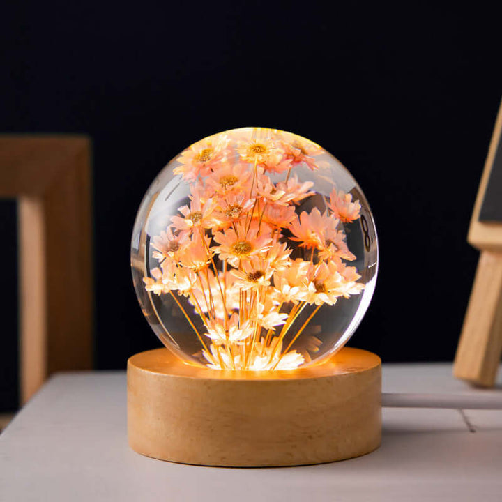 LED Nachtlamp Flower Crystal Ball Kinder Nachtkast Lamp met Houten Basis Slaapkamer Sfeerverlichting Creatief Cadeau Nachtlamp