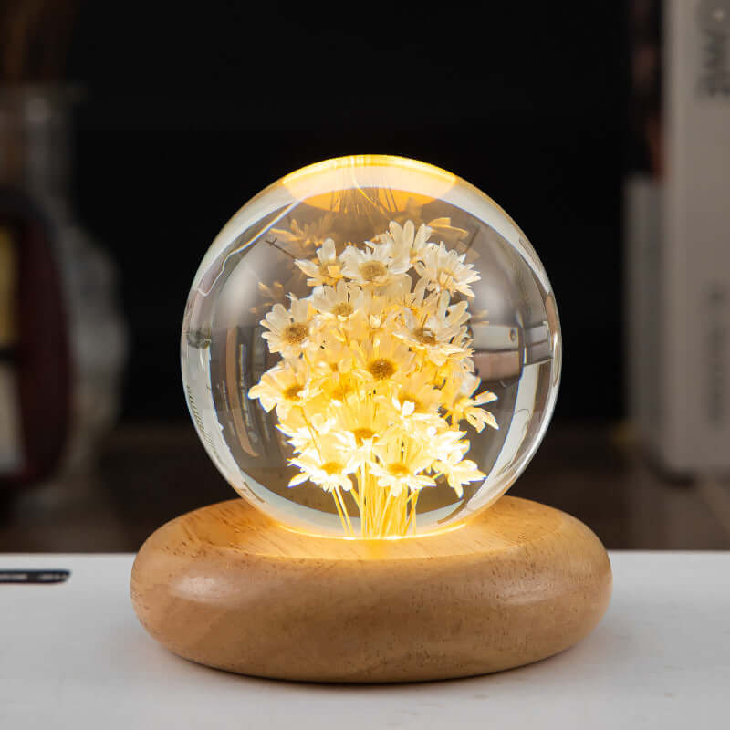 LED Nachtlamp Flower Crystal Ball Kinder Nachtkast Lamp met Houten Basis Slaapkamer Sfeerverlichting Creatief Cadeau Nachtlamp