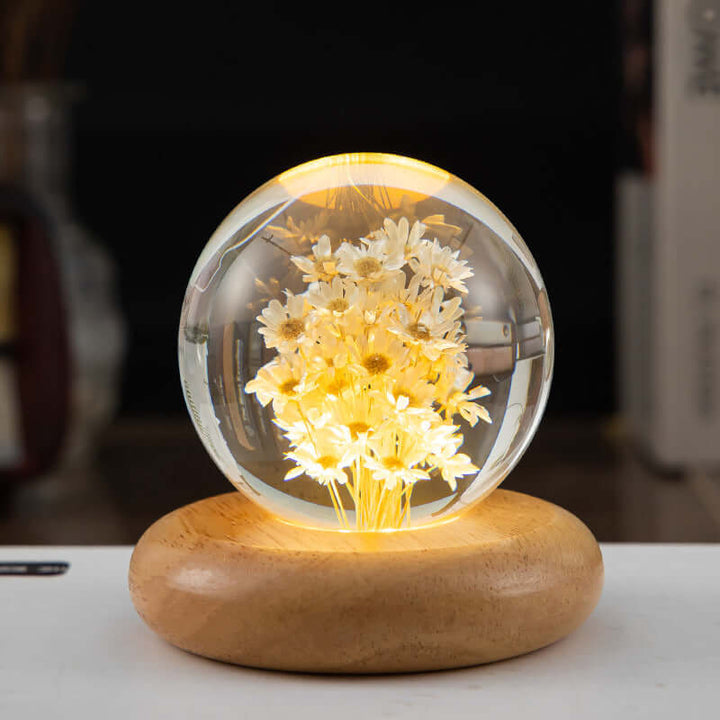 LED Nachtlamp Flower Crystal Ball Kinder Nachtkast Lamp met Houten Basis Slaapkamer Sfeerverlichting Creatief Cadeau Nachtlamp
