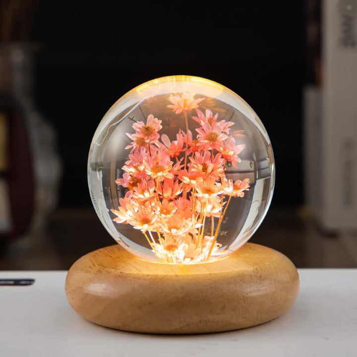 LED Nachtlamp Flower Crystal Ball Kinder Nachtkast Lamp met Houten Basis Slaapkamer Sfeerverlichting Creatief Cadeau Nachtlamp