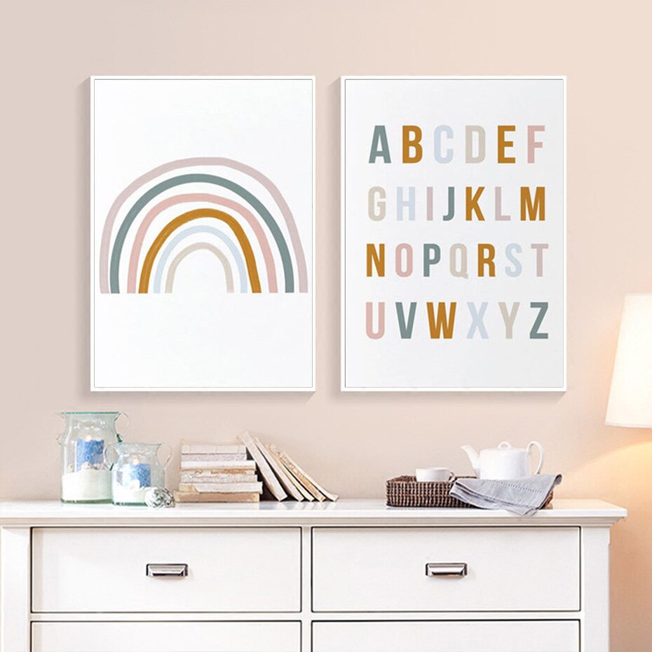 Schattige Regenboog Kinderkamer Alfabet - Canvas Wandkunstprint