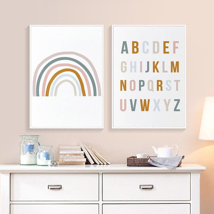 Schattige Regenboog Kinderkamer Alfabet - Canvas Wandkunstprint