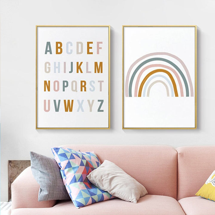 Schattige Regenboog Kinderkamer Alfabet - Canvas Wandkunstprint