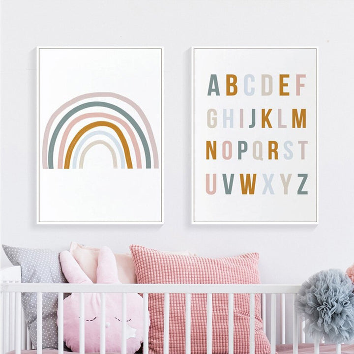 Schattige Regenboog Kinderkamer Alfabet - Canvas Wandkunstprint