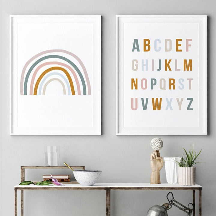 Schattige Regenboog Kinderkamer Alfabet - Canvas Wandkunstprint