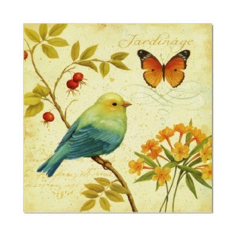 Vintage Europa Vogels Vlinder Bloemen - Canvas Muurkunst Schilderij