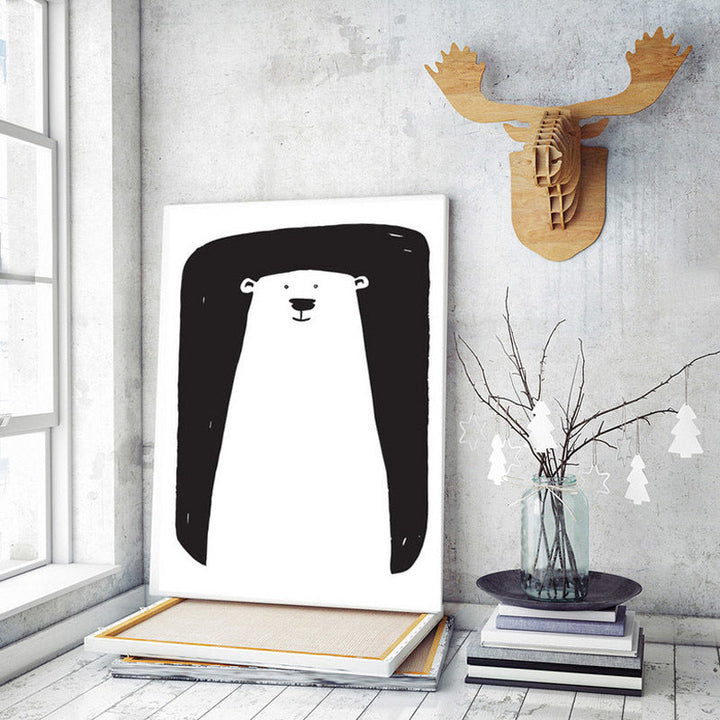 Minimalistische zwart-wit cartoonbeer kinderkamer decor - canvas wandkunst schilderij