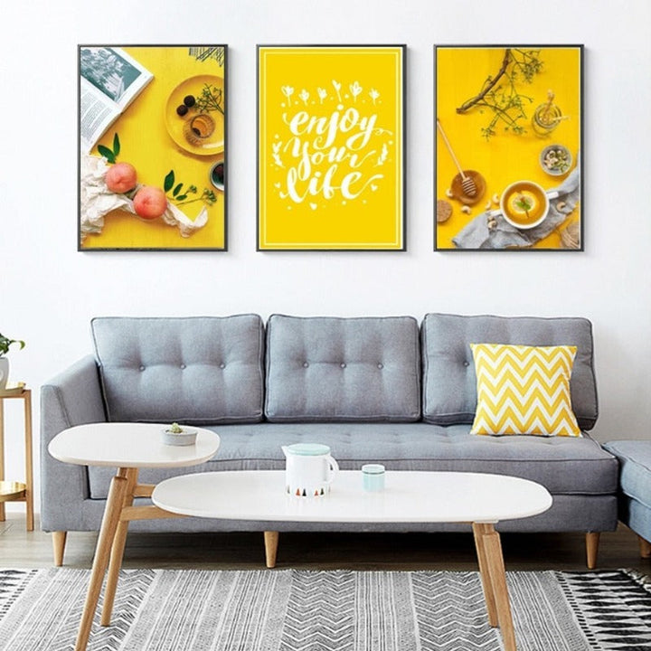 Essen Tee Poster Levensquote Gele Achtergrond - Canvas Wandkunst Schilderij