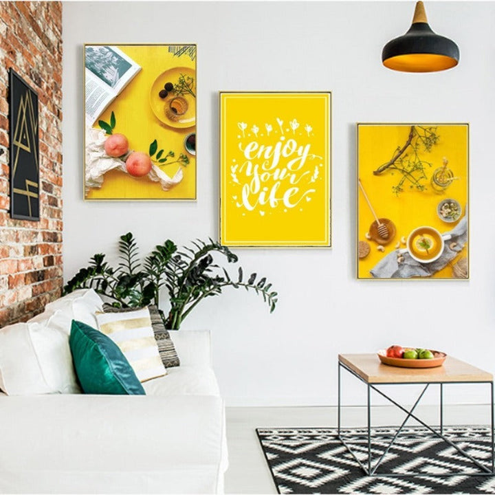 Essen Tee Poster Levensquote Gele Achtergrond - Canvas Wandkunst Schilderij