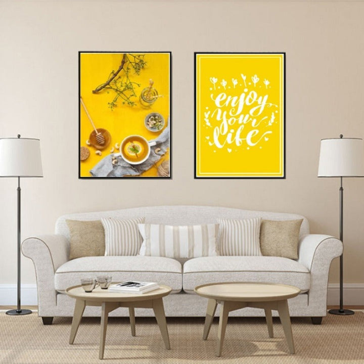 Essen Tee Poster Levensquote Gele Achtergrond - Canvas Wandkunst Schilderij
