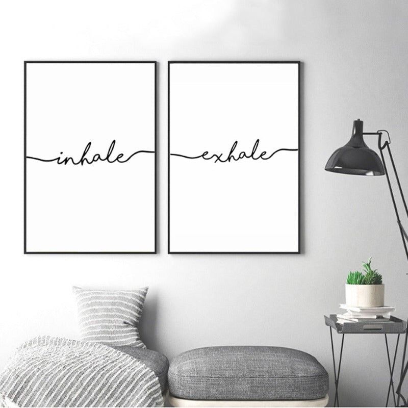 Minimalistische Zwart Wit Uitademen Inademen Letters - Canvas Muurkunst Schilderij