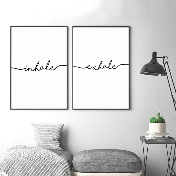 Minimalistische Zwart Wit Uitademen Inademen Letters - Canvas Muurkunst Schilderij